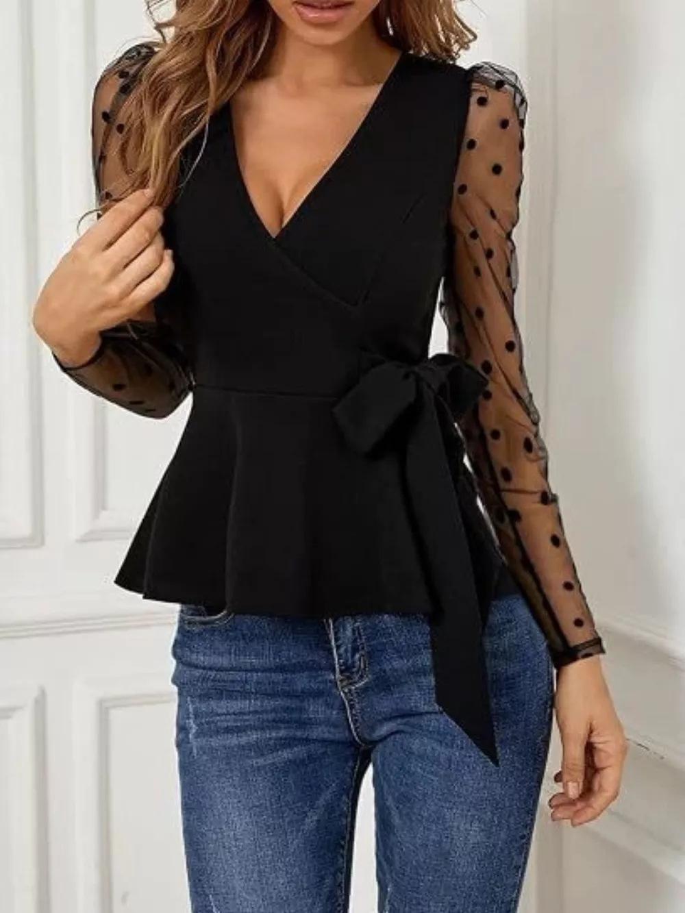 Polka Dot Mesh Sleeve Wrap Top, image 2