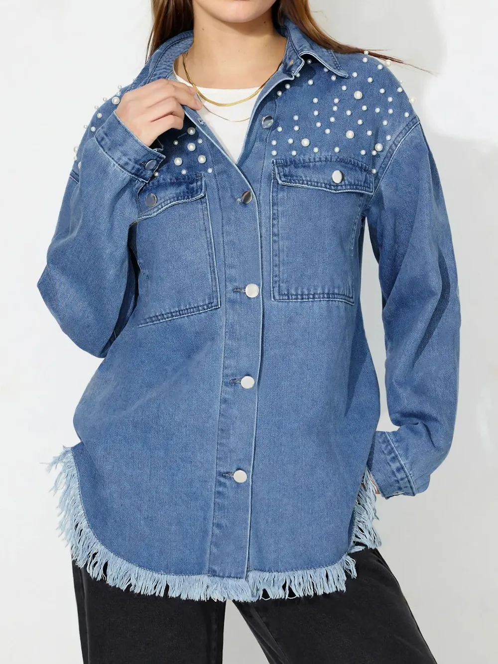 Raw Hem Pearl Trim Collared Neck Denim Top, image 5