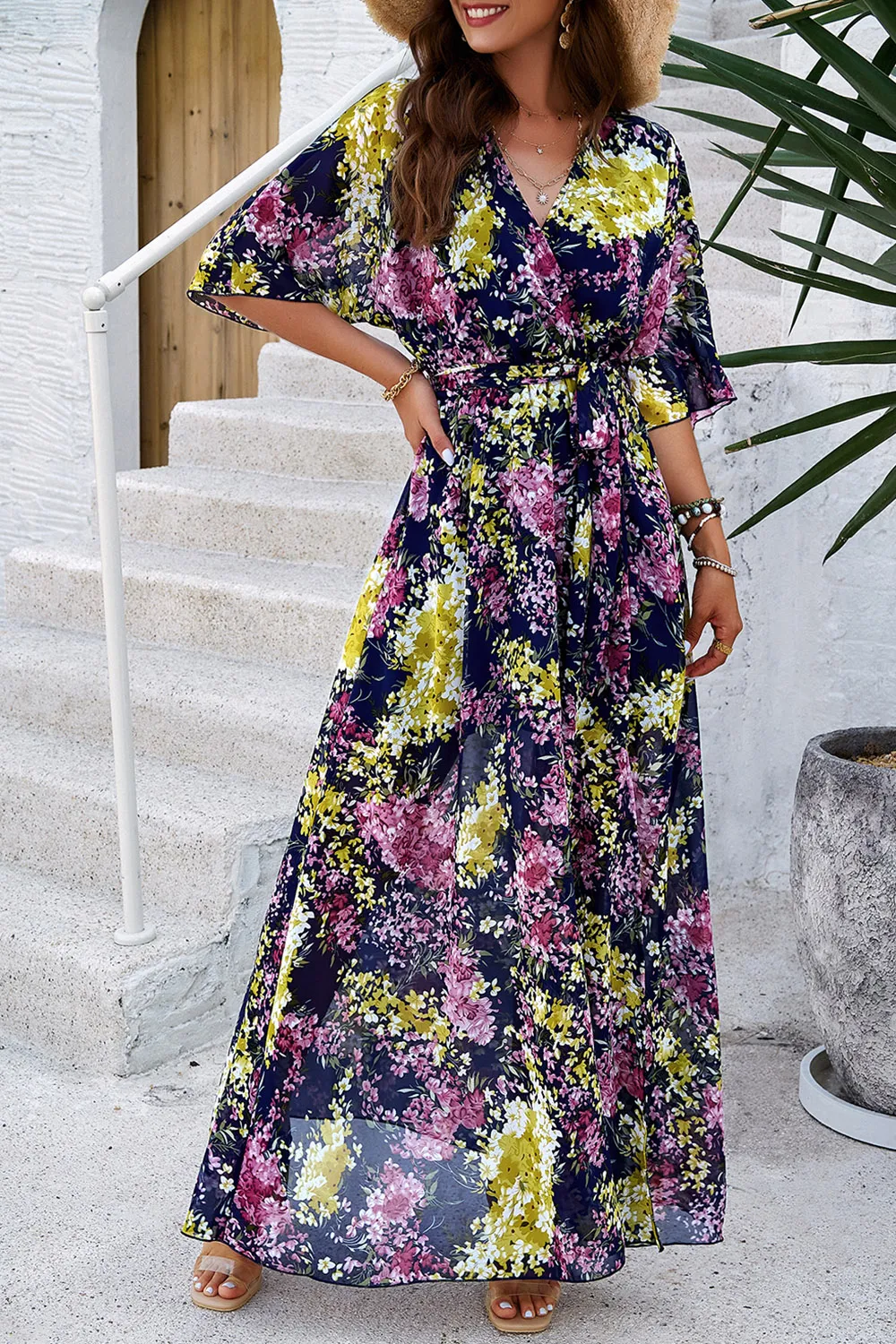 Printed Tied Half Sleeve Slit Dress, image 15