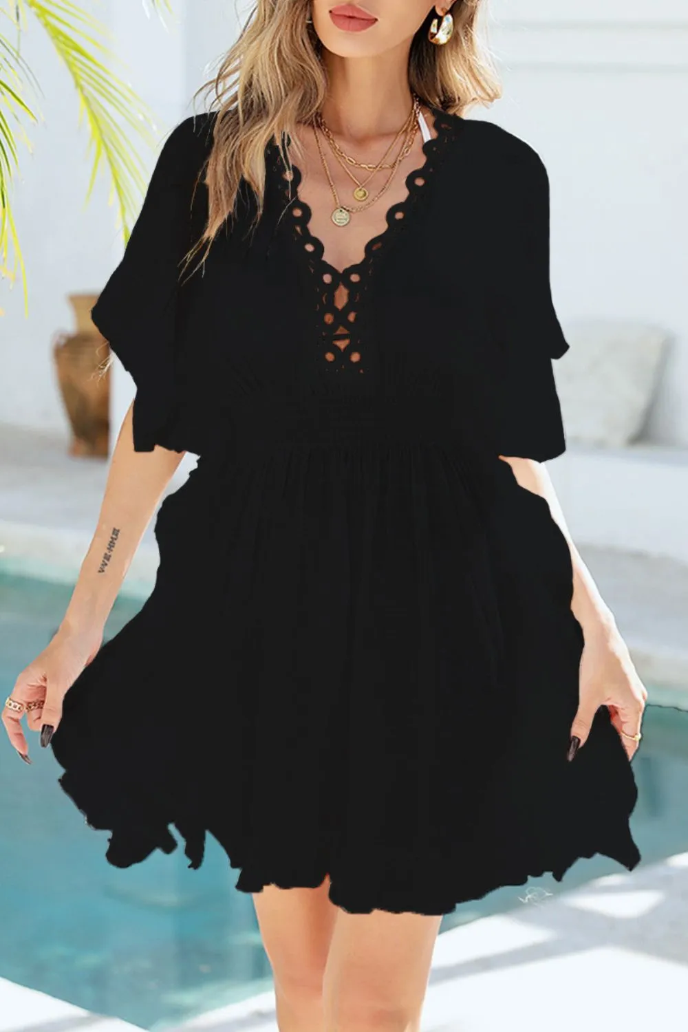 Ruffled Smocked Waist V-Neck Cover-Up