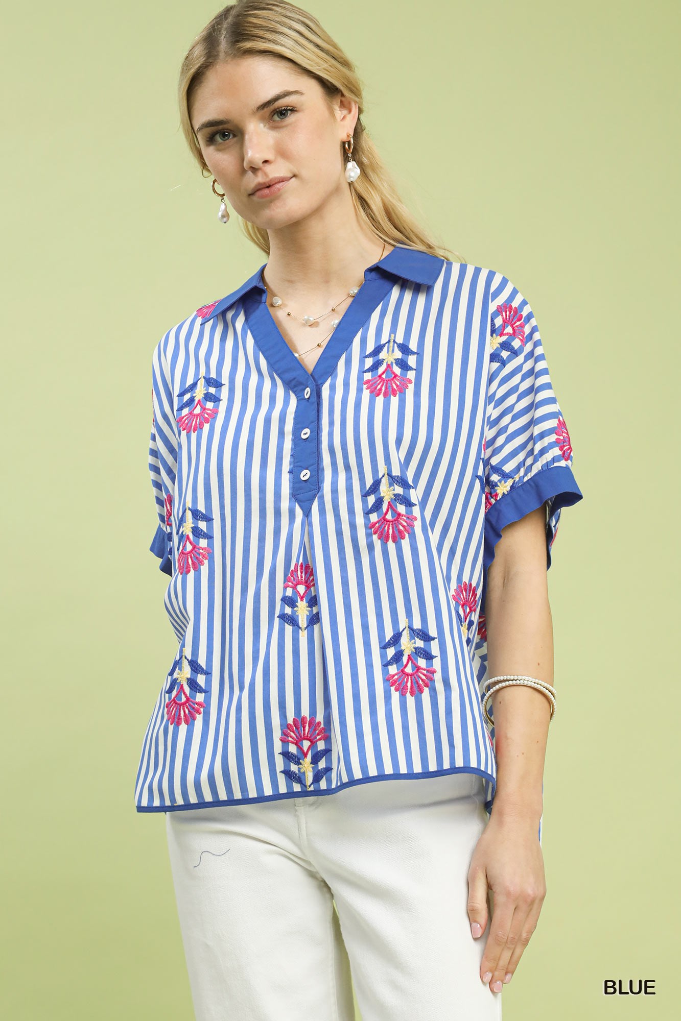 Stripe Embroidered Button-Front Boho Blouse