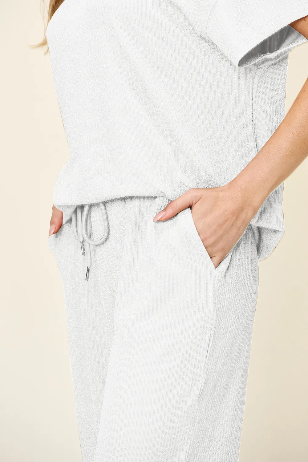Full Size Texture Round Neck Short Sleeve T-Shirt and Wide Leg Pants, image 7