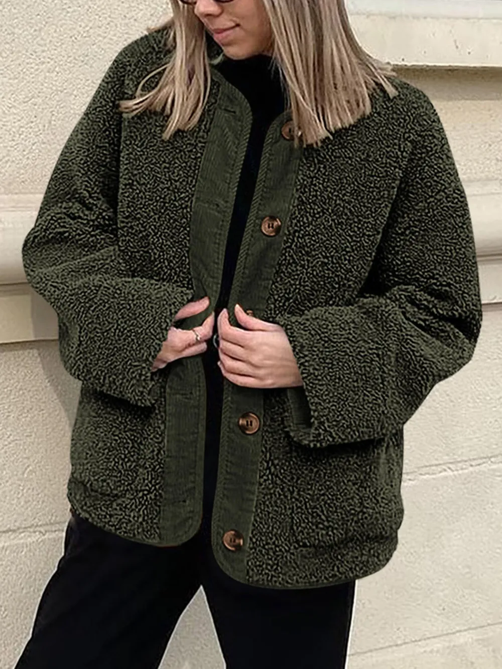 Contrast Button Up Sherpa Jacket with Pockets, image 8