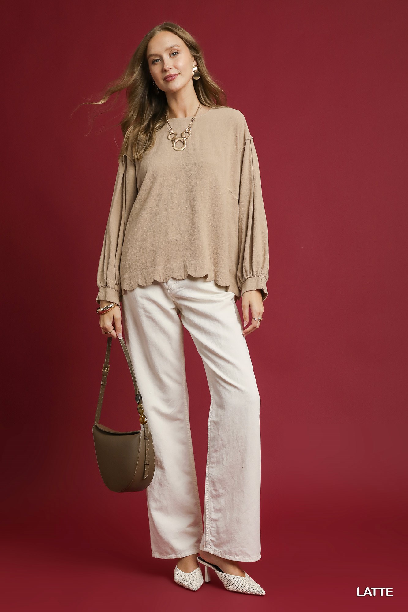 Linen Scallop Hem Long Sleeve Blouse, image 4
