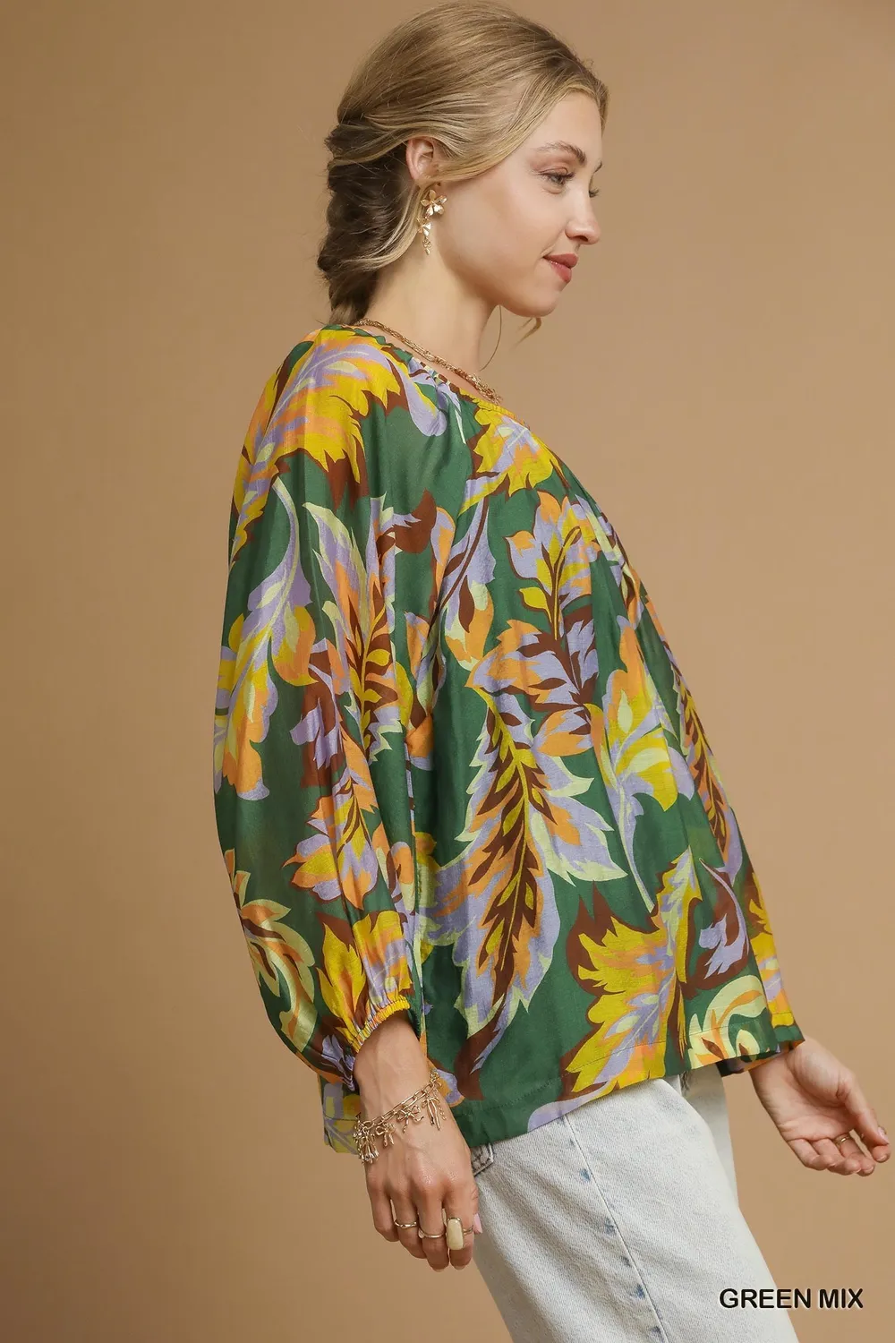 Mix Abstract Print Balloon Sleeve Blouse, image 2