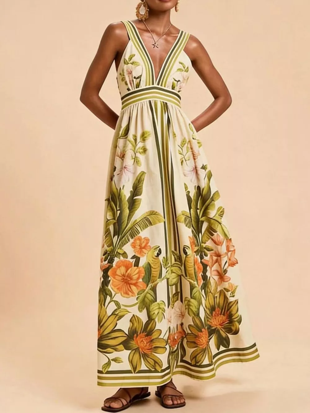 Tropical Print V-Neck Maxi Dress, image 2