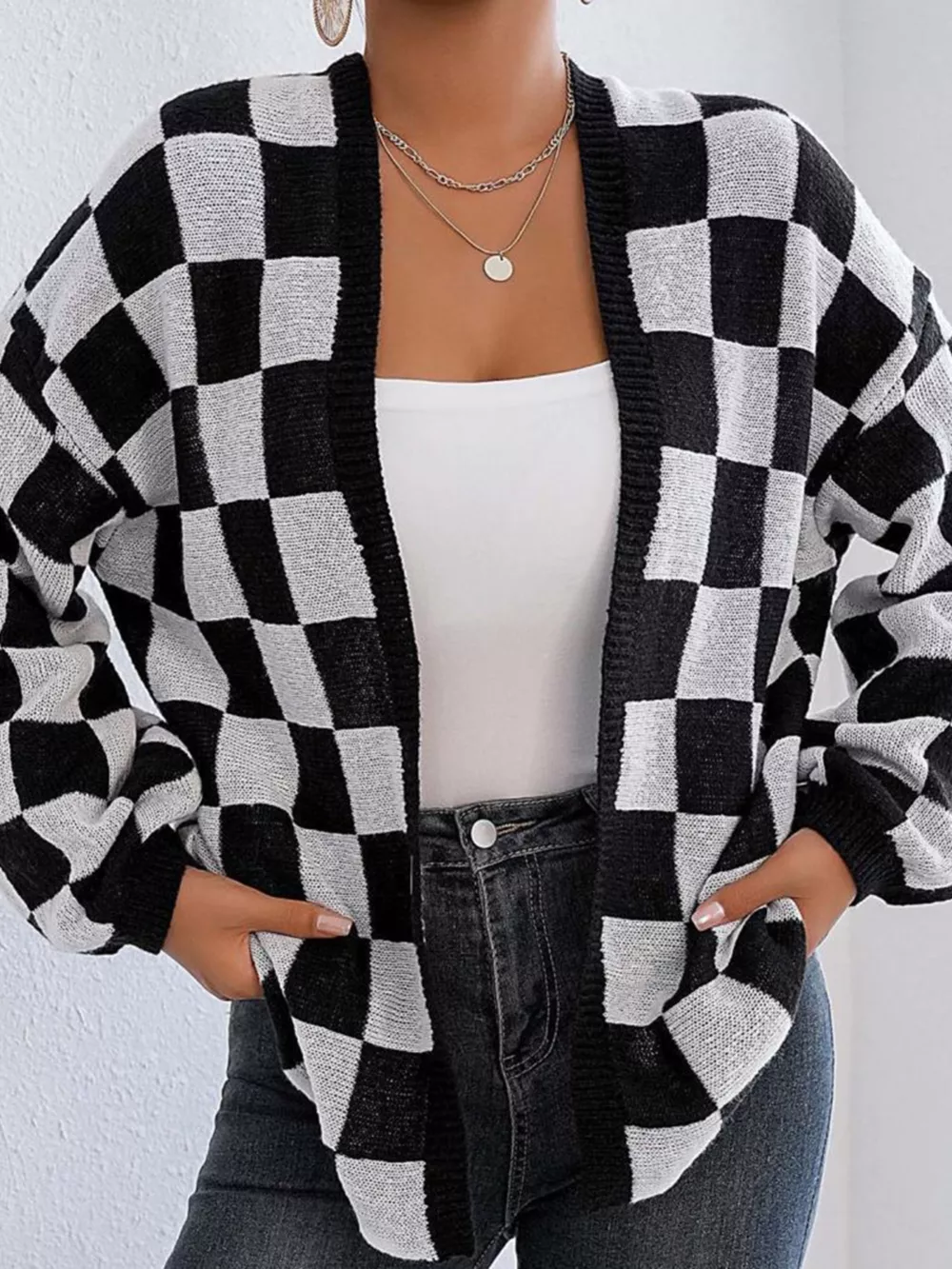 Checkerboard Pattern Open Front Knit Cardigan, image 3