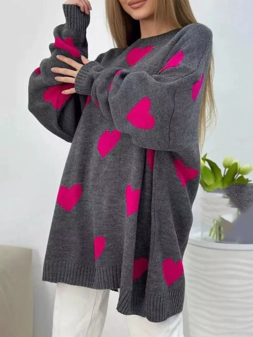 Heart Round Neck Oversized Knit Sweater, image 4