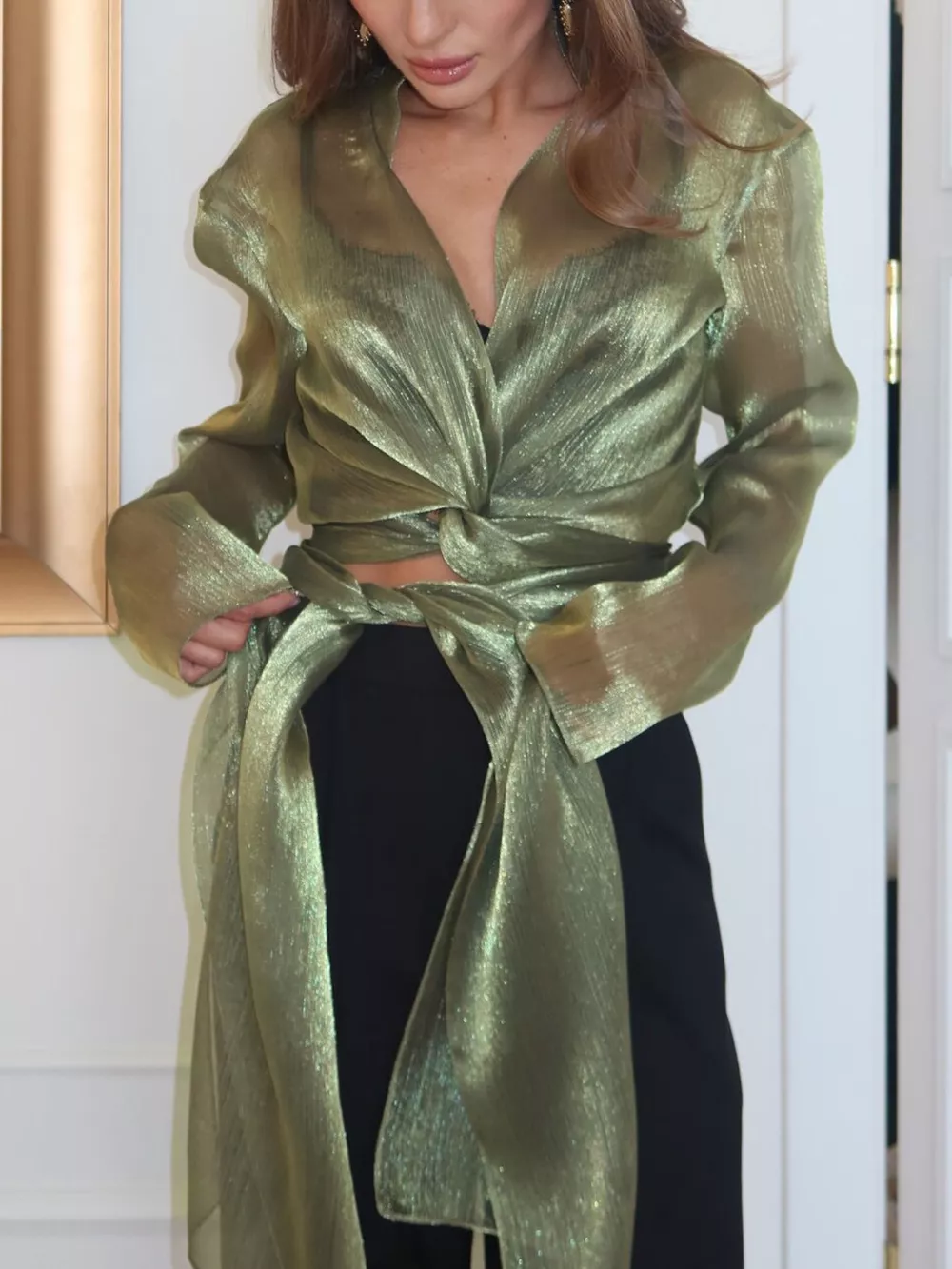 Sheer Front Tie Detail Long Sleeve Shirt