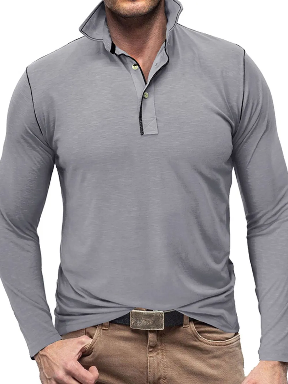 Men's Button Detail Long Sleeve Polo, image 2