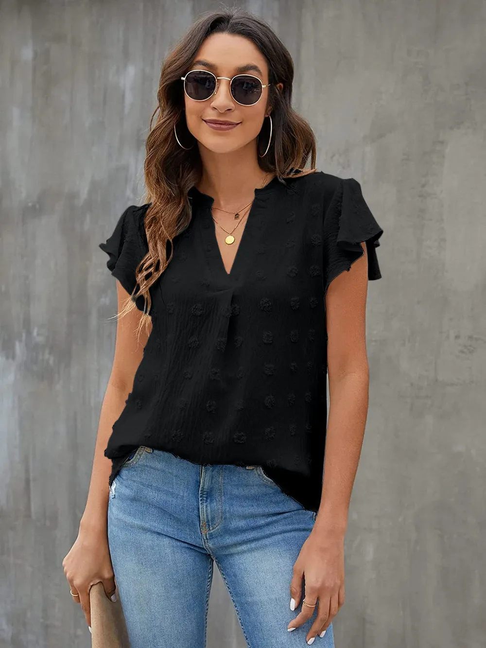 Swiss Dot Notched Flutter Sleeve Blouse, image 11