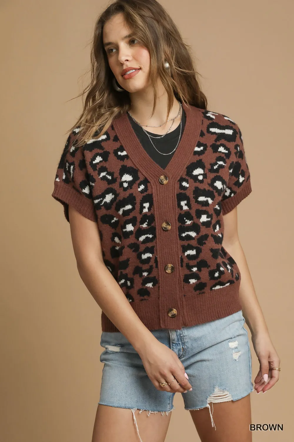 Leopard Button Down Short Sleeve Cardigan