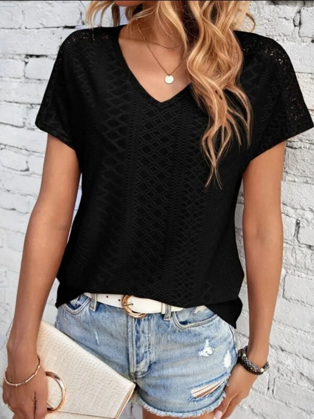 Eyelet V-Neck Short Sleeve T-Shirt, image 4