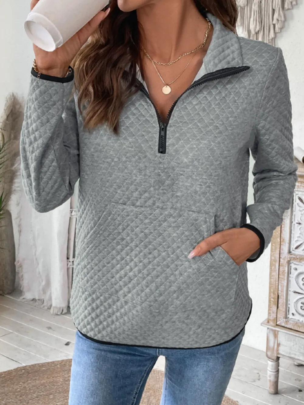 Texture Half Zip Long Sleeve Sweatshirt, image 4
