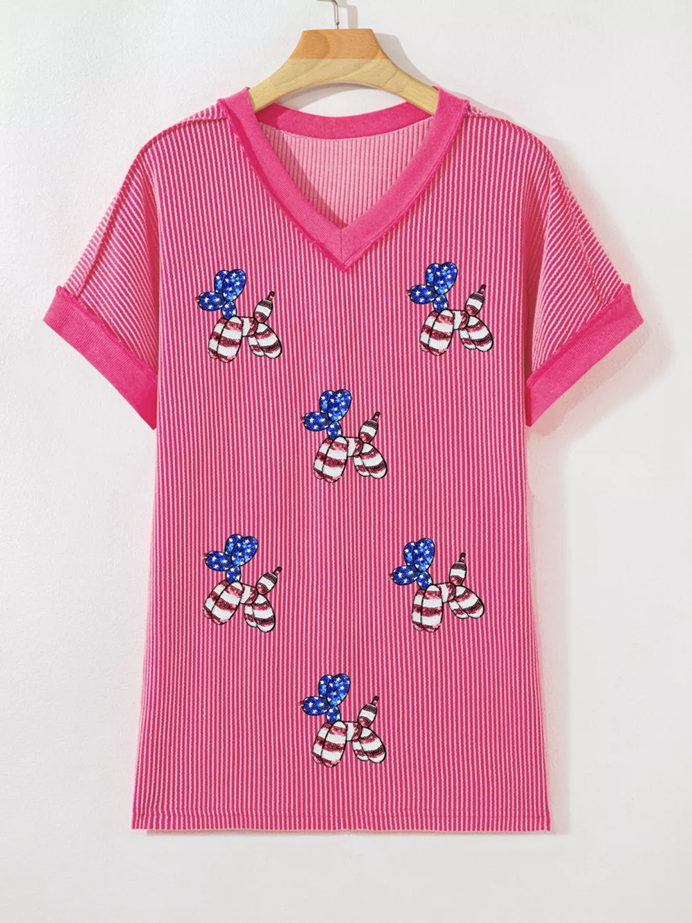 Twisted Rib Sequin Patriotic Balloon Dog V Neck Tee, image 4