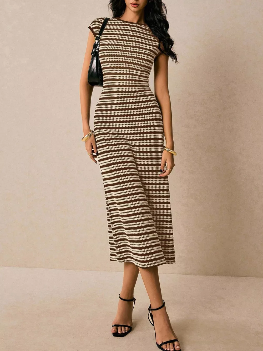 Striped Cap Sleeve Bodycon Midi Dress, image 11
