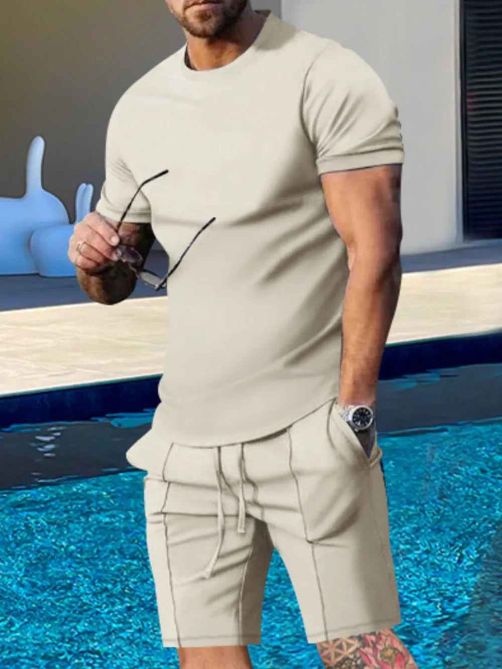 Men's Plus Size Round Neck Short Sleeve Top and Shorts Set, image 4