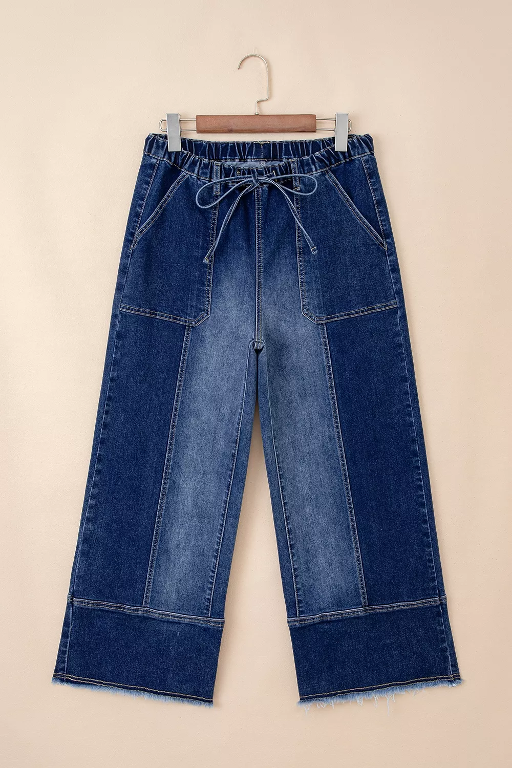 Drawstring Seam Detail Raw Hem Wide Leg Denim Pants, image 8