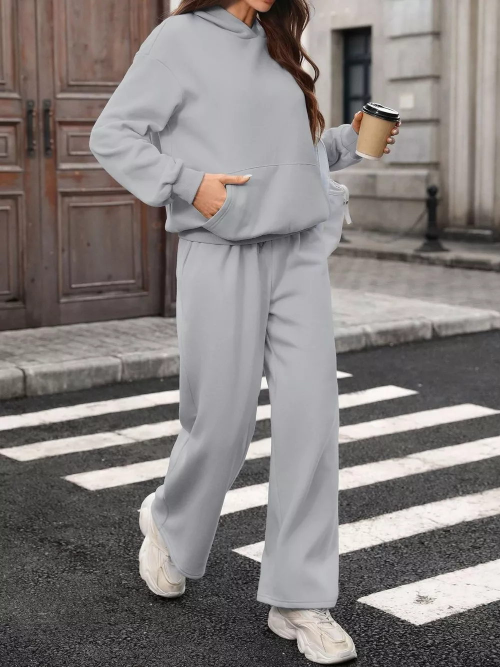 Kangaroo Pocket Hoodie and Wide-Leg Pant Set, image 21