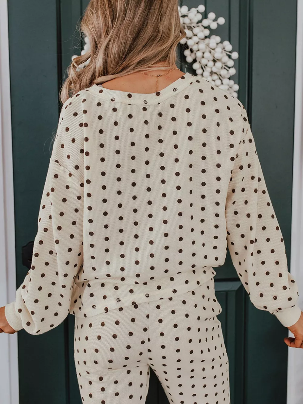 Polka Dot Notched Long Sleeve Top and Drawstring Joggers Lounge Set, image 3