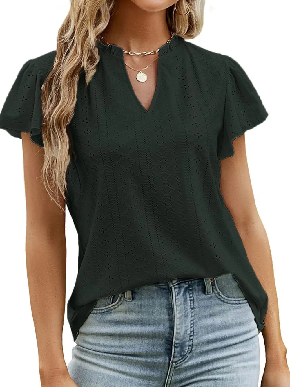Eyelet Notched Short Sleeve T-Shirt, image 6