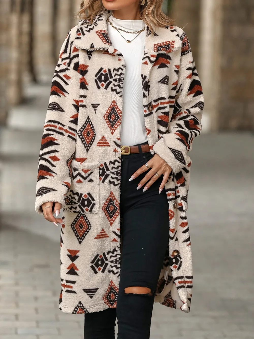 Geometric Pocketed Dropped Shoulder Coat, image 2