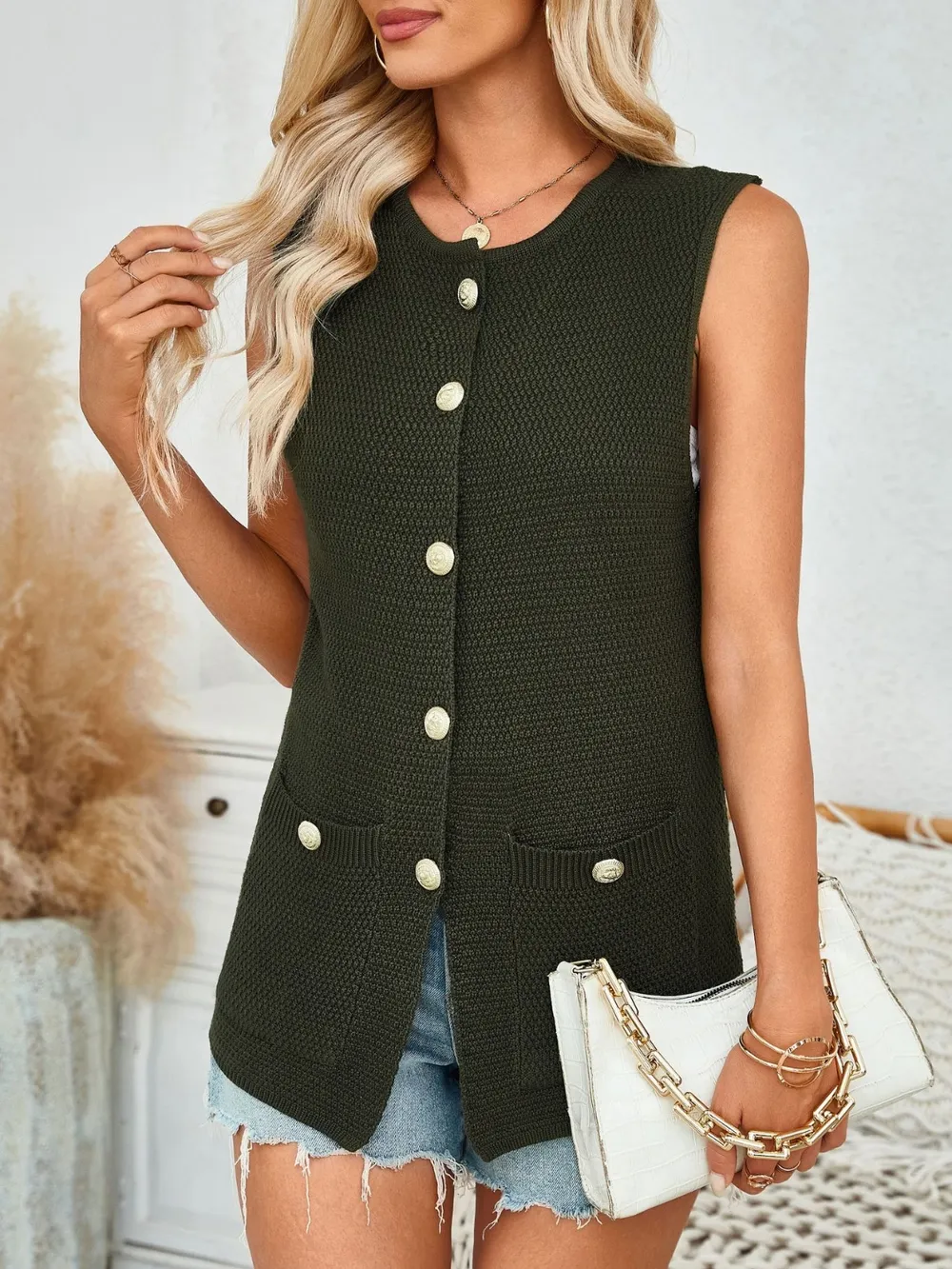 Button Down Round Neck Knit Vest, image 4