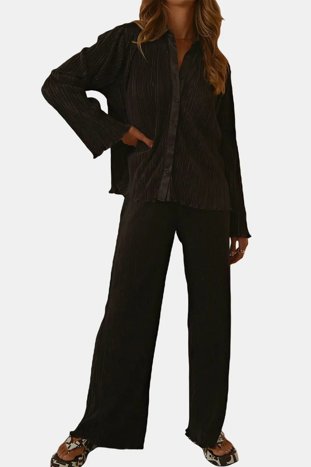 Textured Button Up Collared Neck Top and Pants Set, image 3