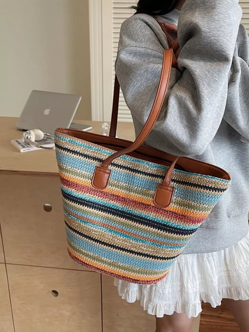 Striped Woven Shoulder Bag, image 7