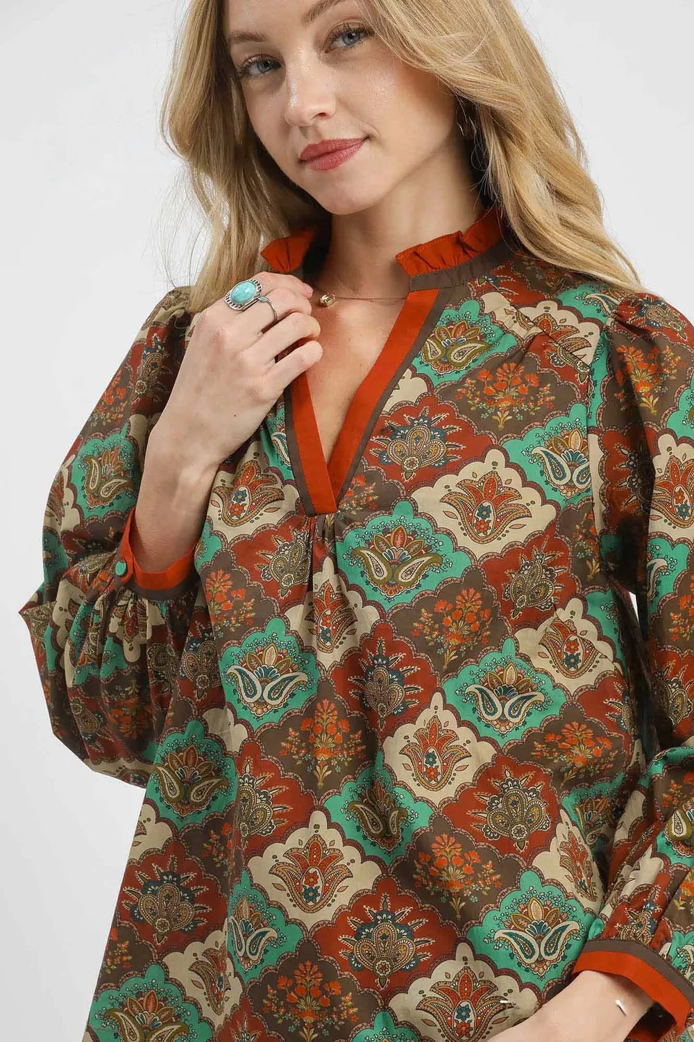 Abstract Print Ruffle Neck Top, image 4