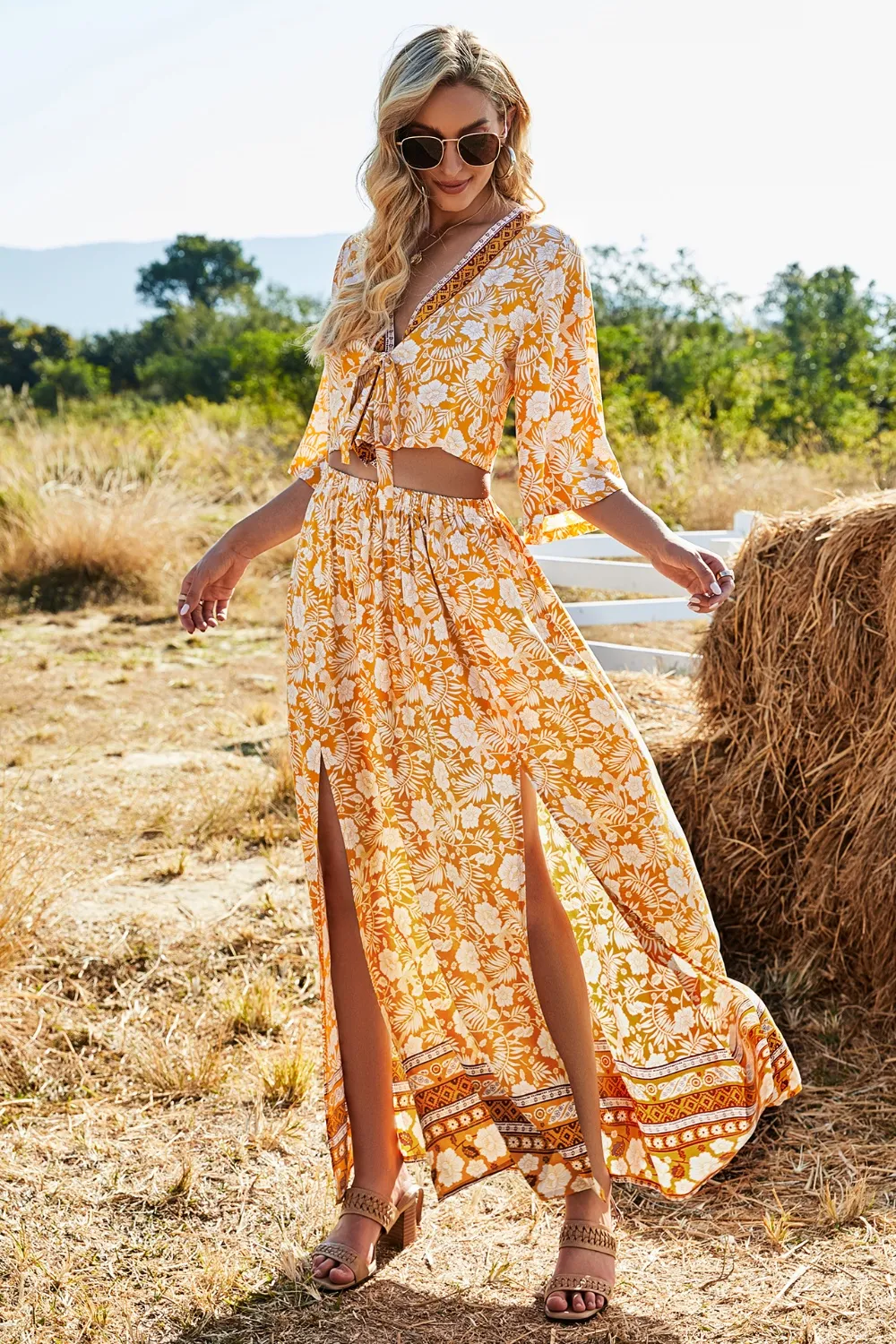 Printed Half Sleeve Top and Slit Skirt Set, image 6