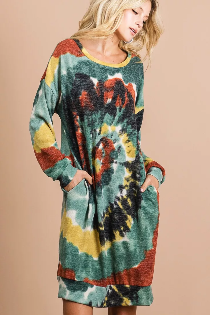 Tie Dye Print Knit Dress with Side Pocket, image 2