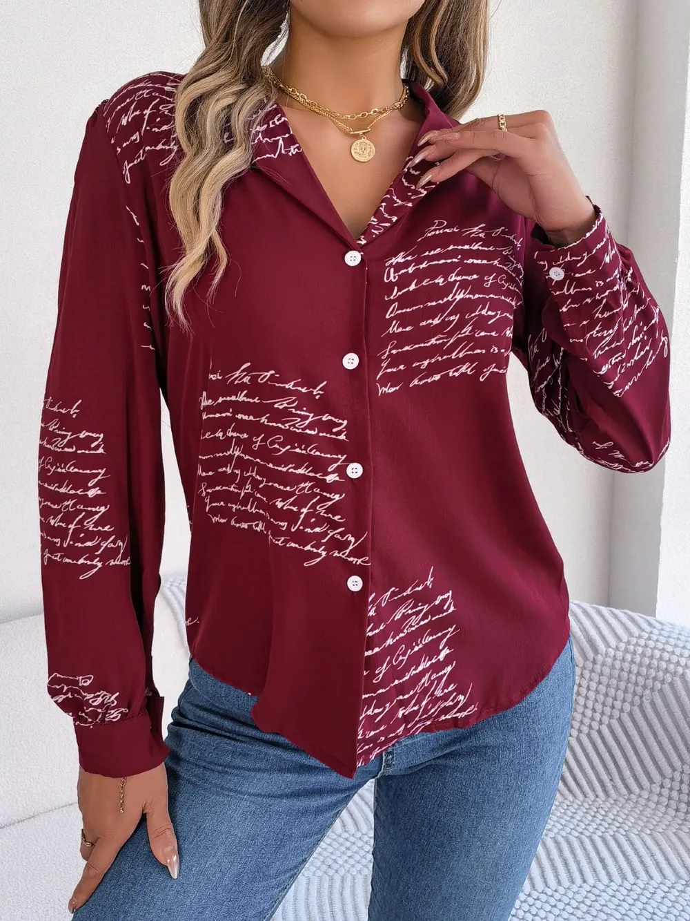 Letter Printed Button Up Long Sleeve Blouse, image 2