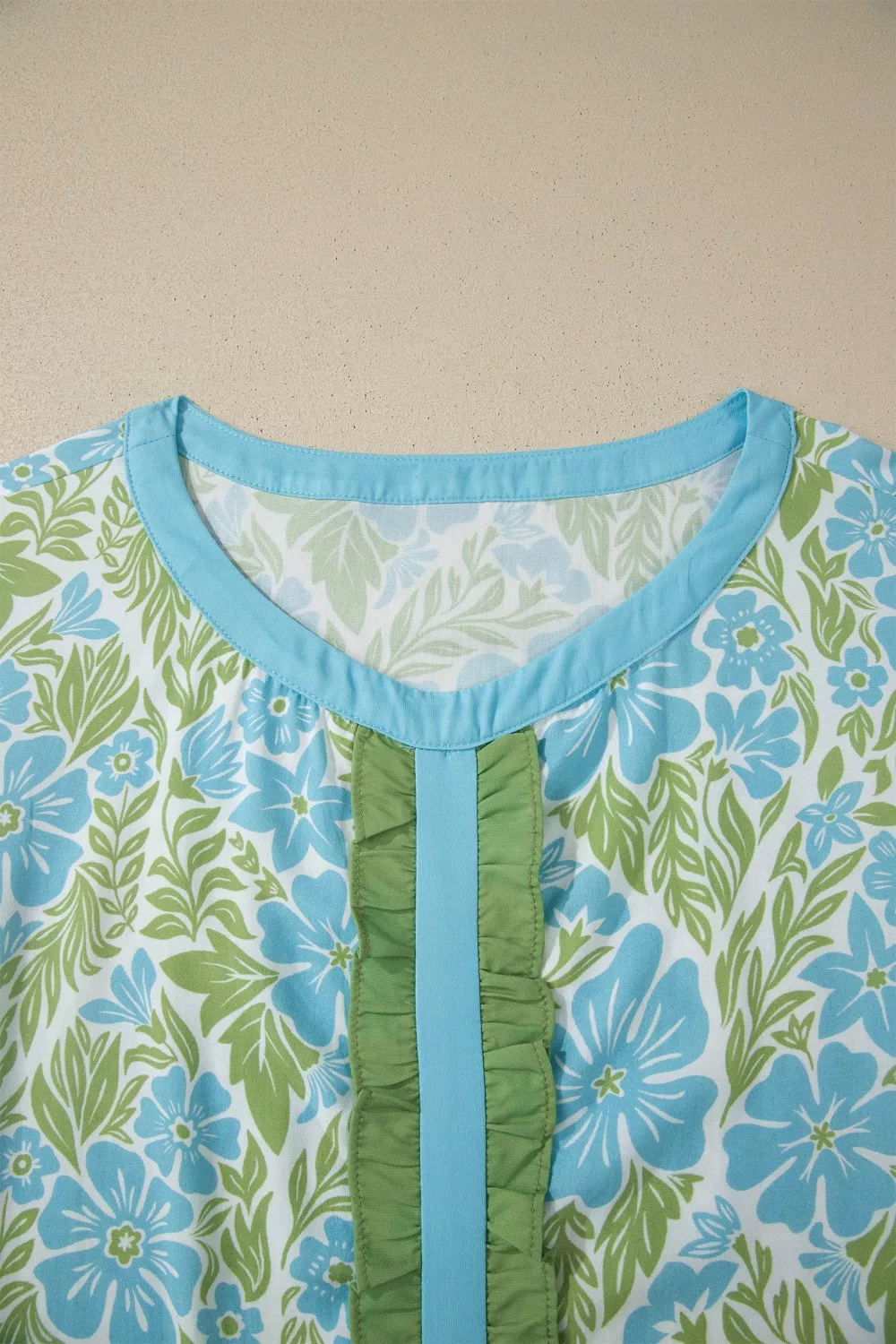 Floral Print Ruffled Color Block Trim Half Sleeve Blouse, image 5