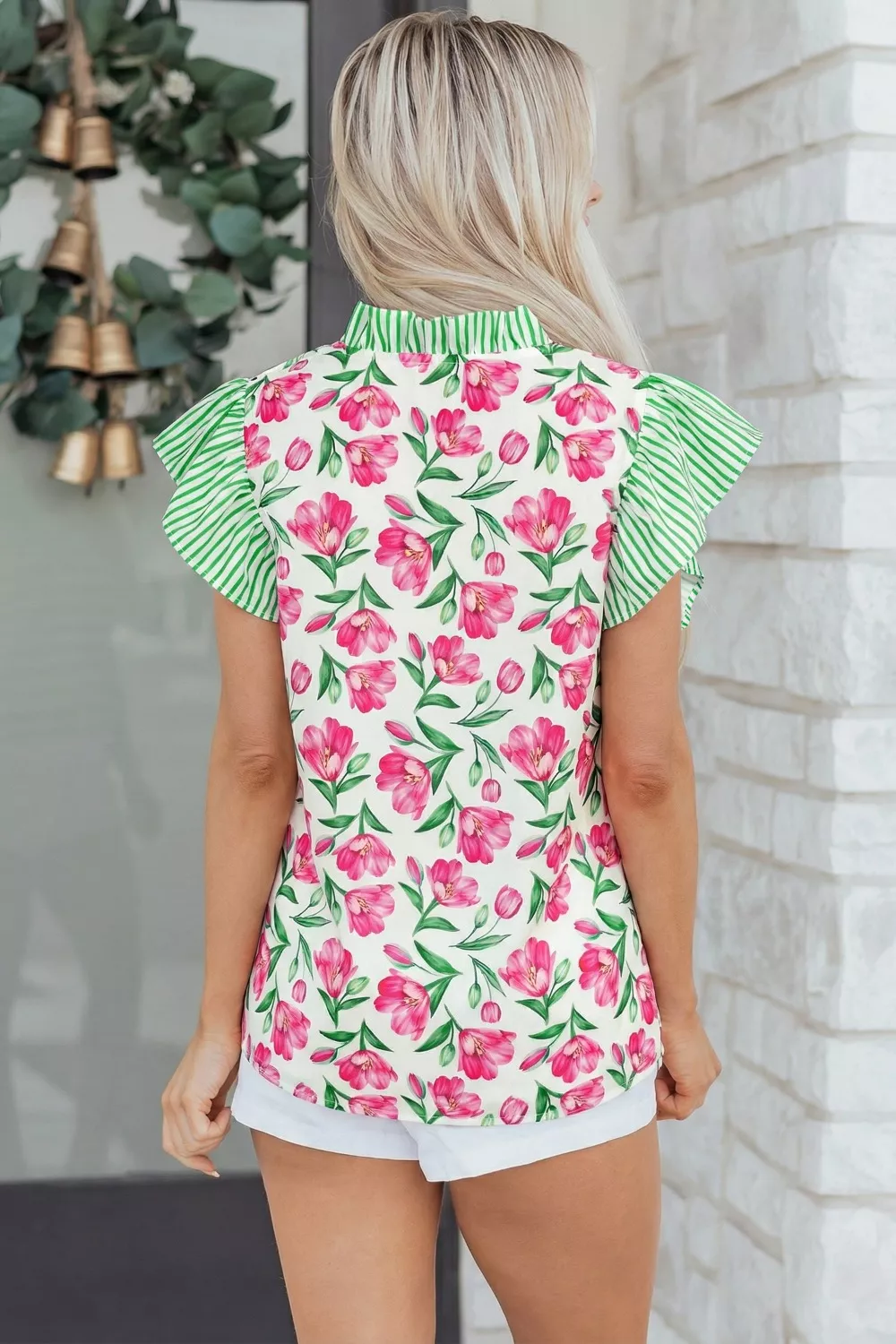 Floral Print Striped Ruffle Trim V Neck Blouse, image 2