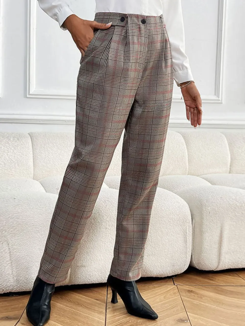 Plaid Straight Pants with Pockets, image 6