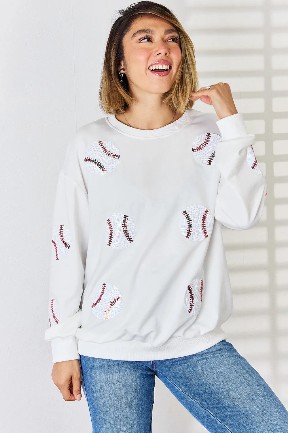 Sequin Baseball Round Neck Dropped Shoulder Sweatshirt, image 3