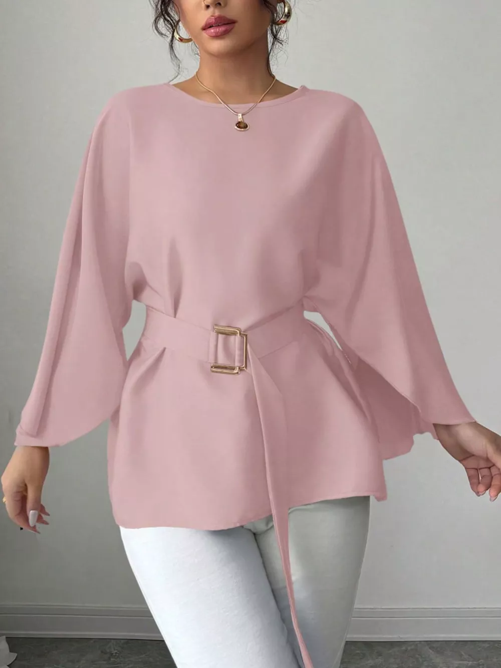 Round Neck Belt Batwing Sleeve Blouse, image 7