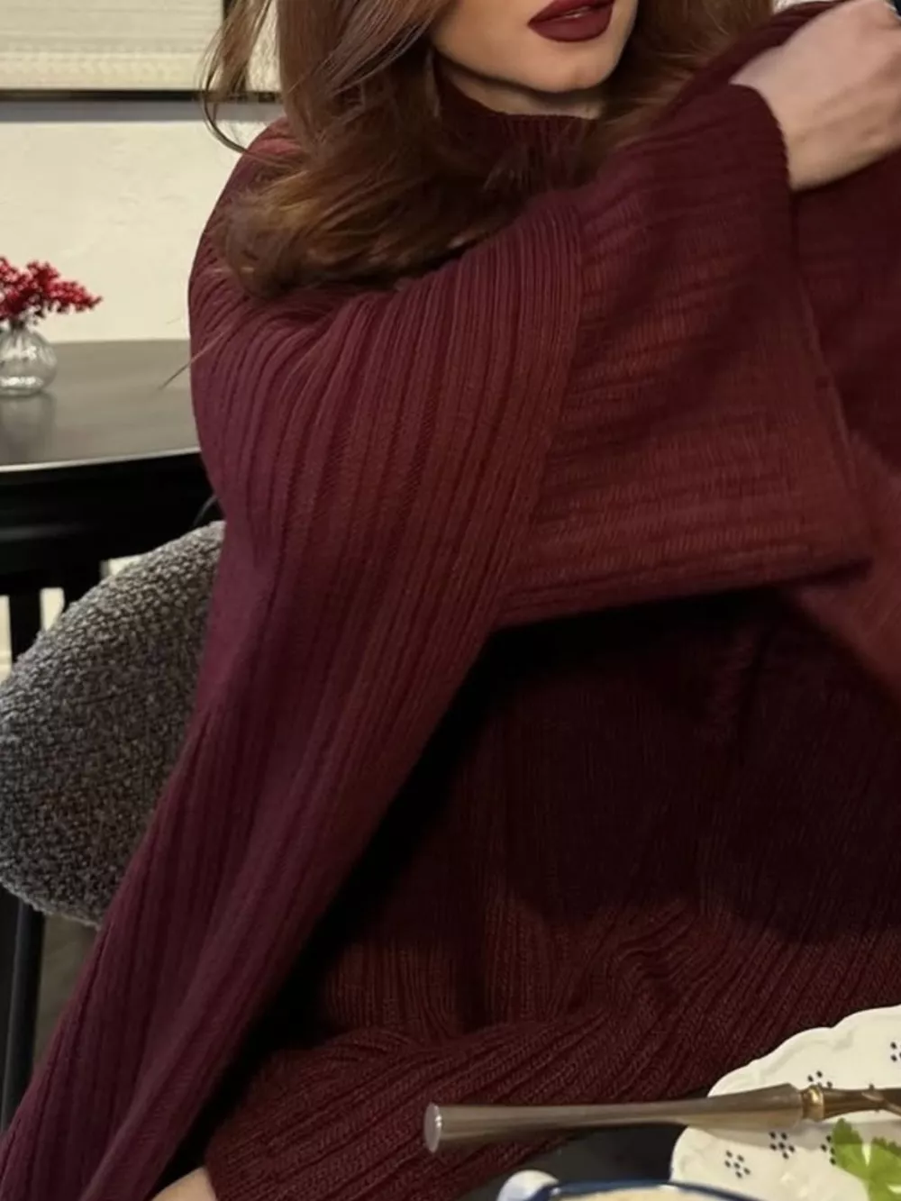 3-Piece Crew Neck Ribbed Sweater and Wide-Leg Pants Set with Scarf, image 21