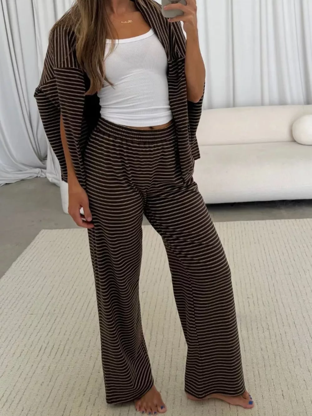 Striped Dropped Shoulder Top and Pants Lounge Set, image 5