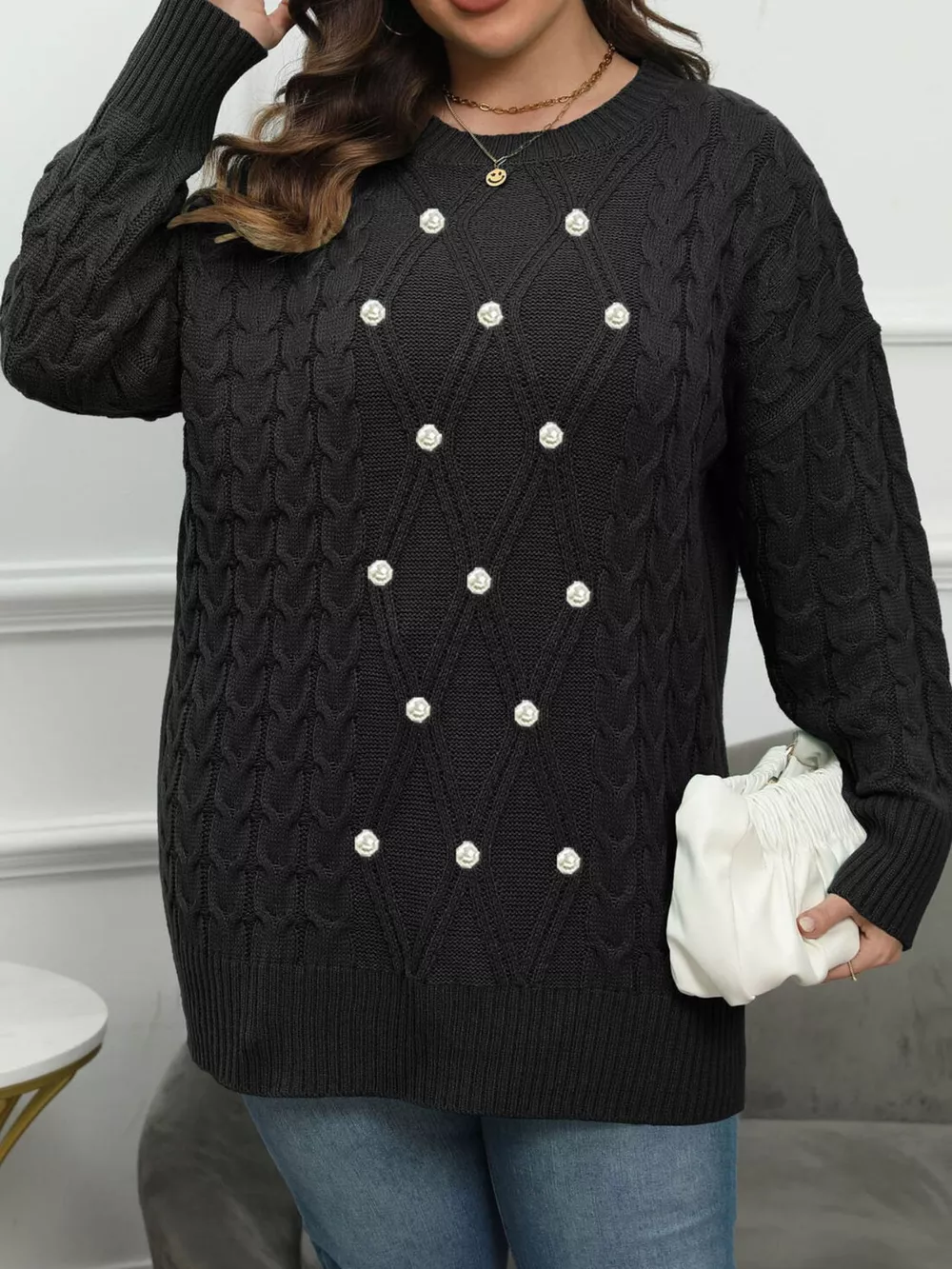 Plus Size Cable Knit Dropped Shoulder Sweater, image 6