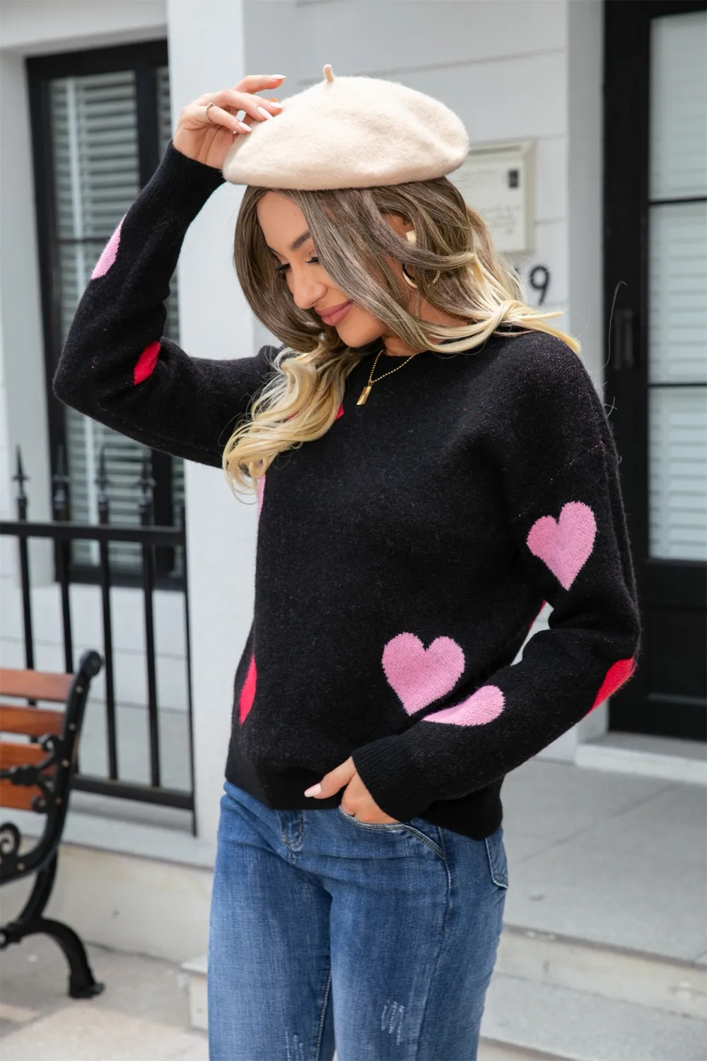 Heart Round Neck Droppped Shoulder Sweater, image 13
