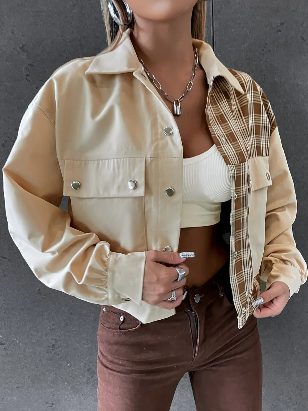 Snap Down Color Block Plaid Jacket, image 2