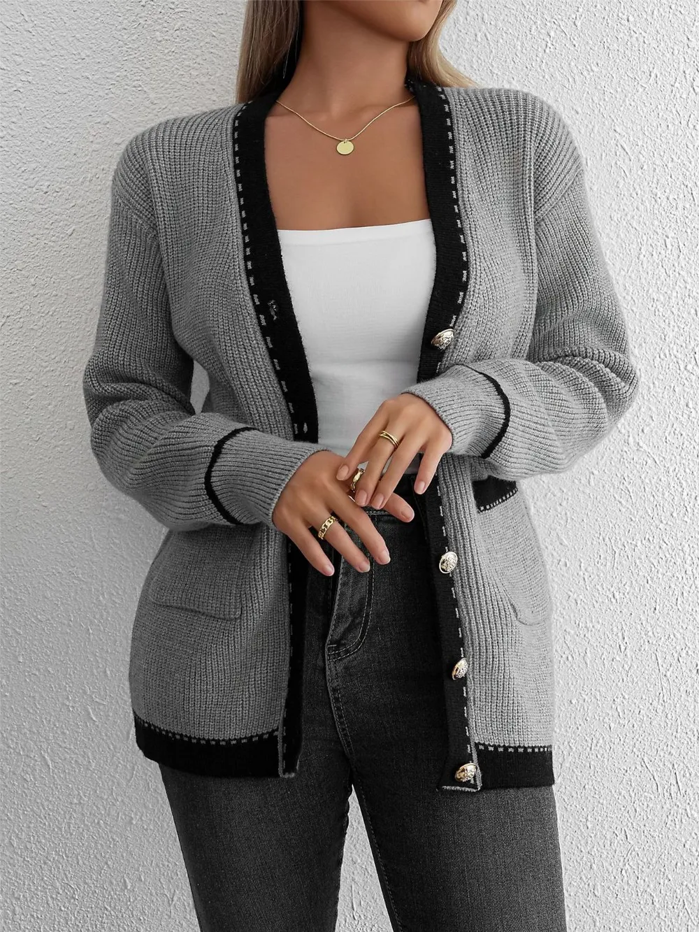 Contrast Trim Button Up Long Sleeve Cardigan, image 3