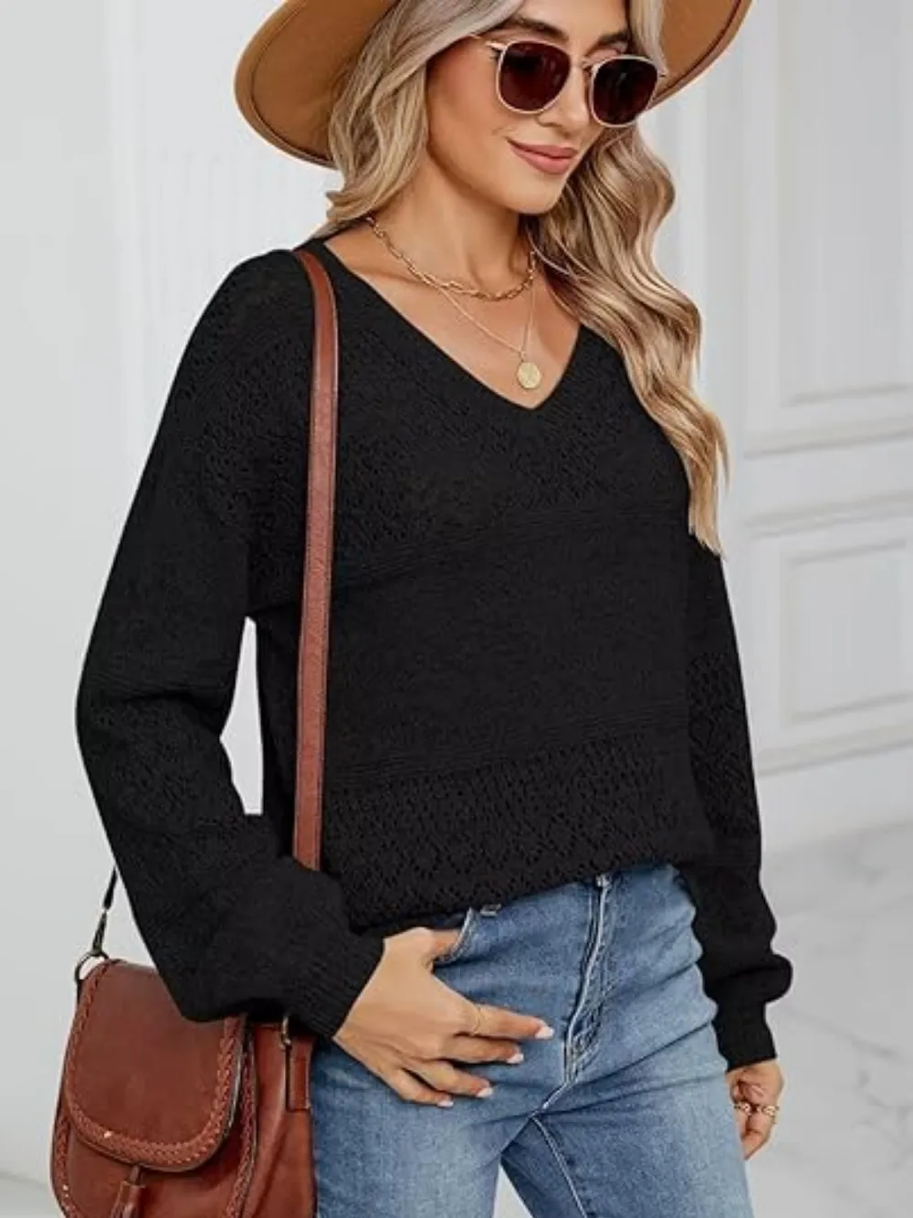 Eyelet V-Neck Long Sleeve Sweater, image 15
