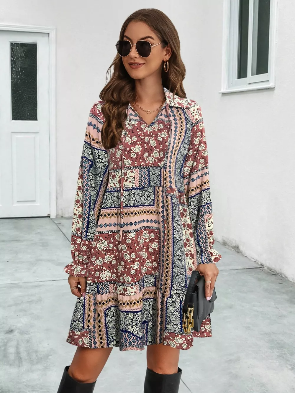Boho Floral Print Long Sleeve Mini Dress, image 3