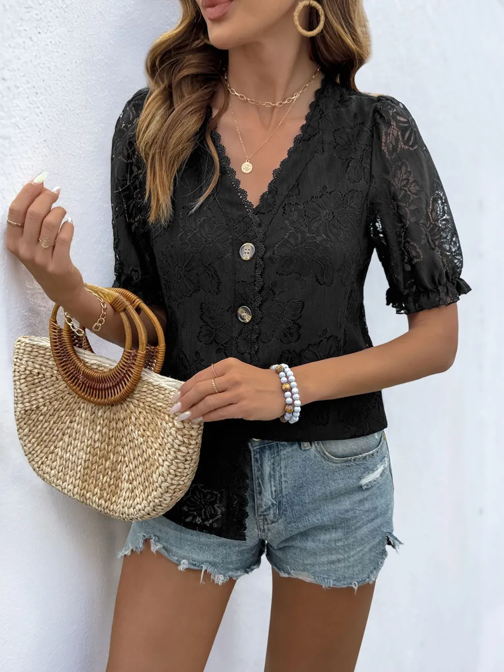Button Down Short Sleeve Lace Shirt, image 5