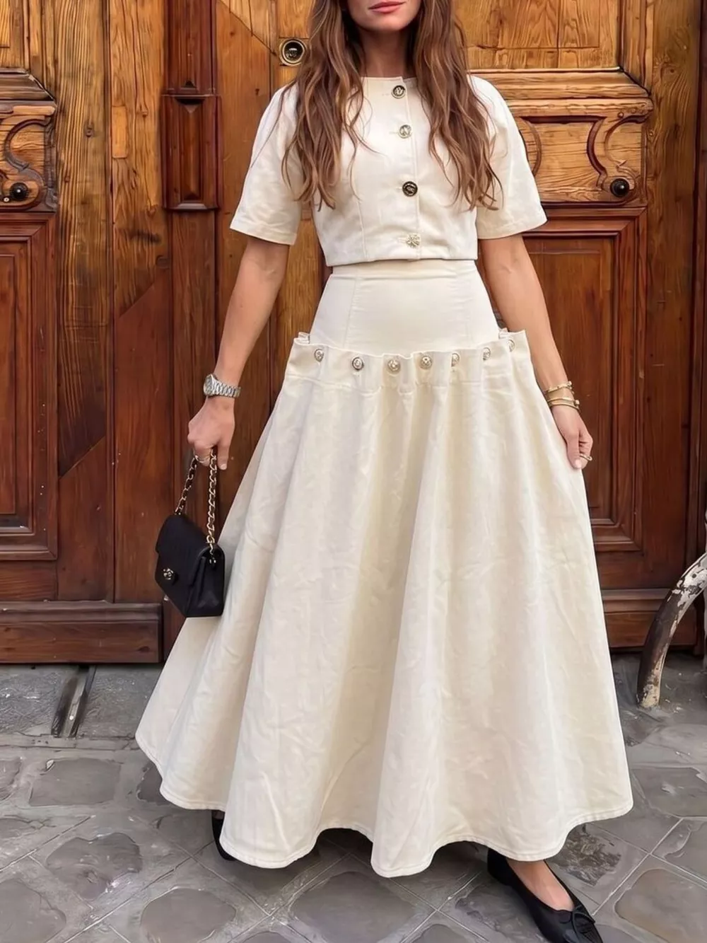 Gold Button Top and Skirt Denim Set, image 5