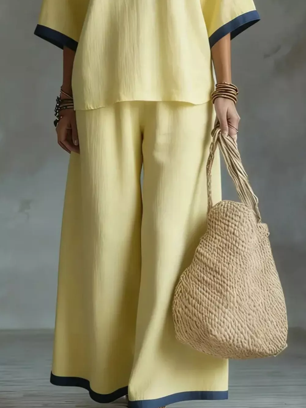 Full Size Contrast Trim V-Neck Top and Pants Set Plus Size, image 12