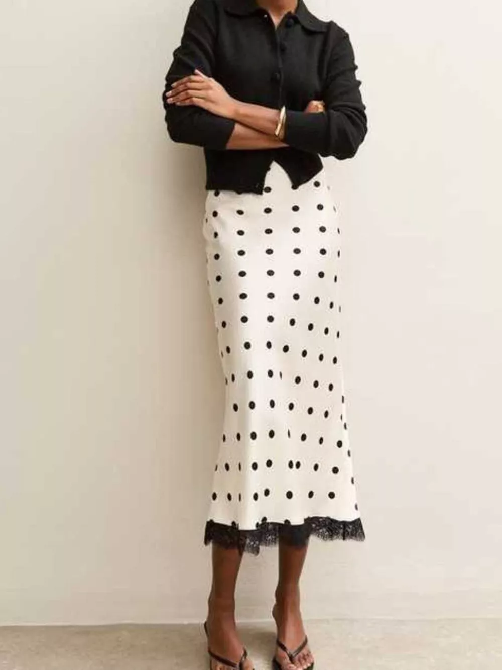 Polka Dot Midi Skirt with Lace Trim, image 3